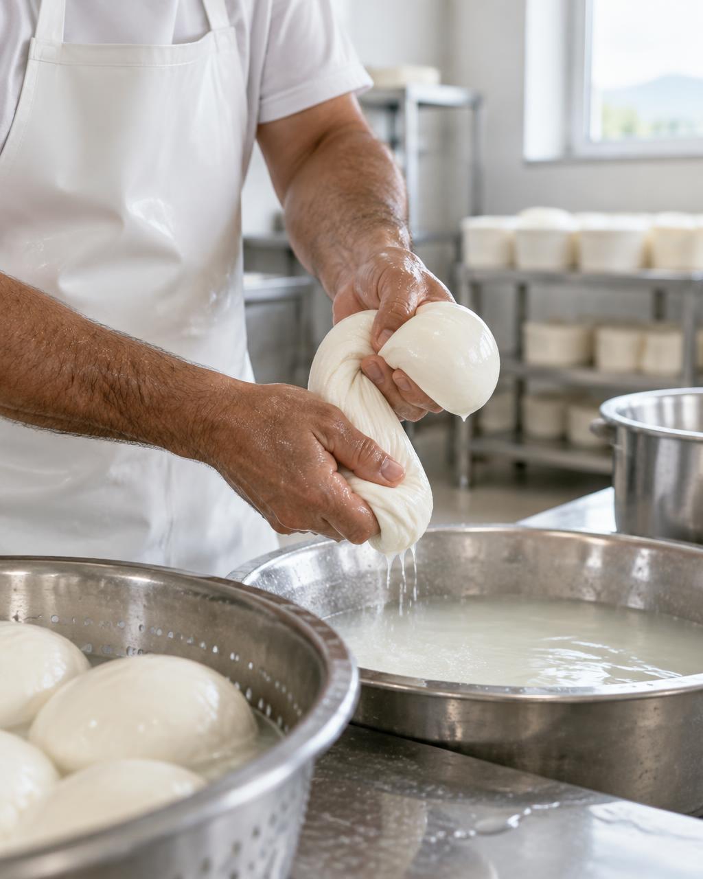 Fresh cheese being shaped by hand